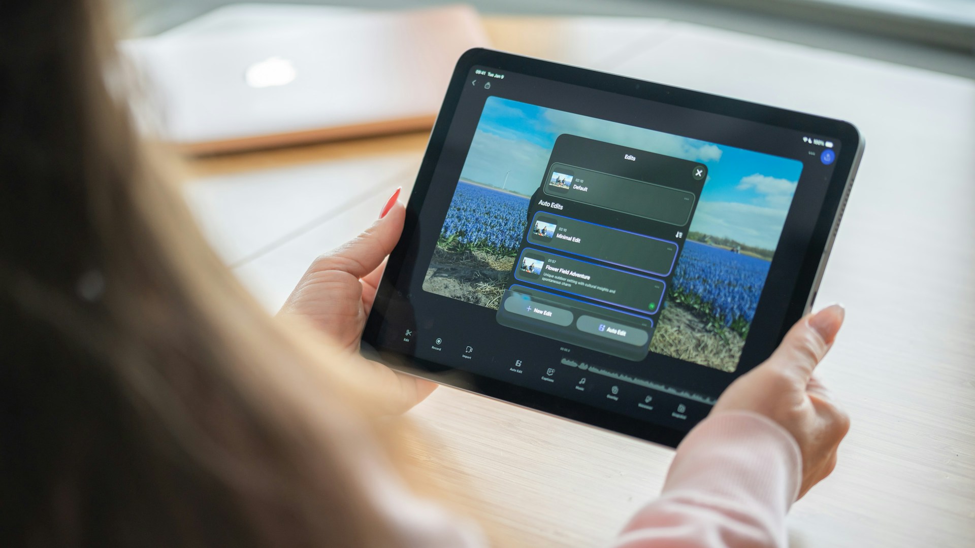 Woman holding a tablet displaying a photo gallery.