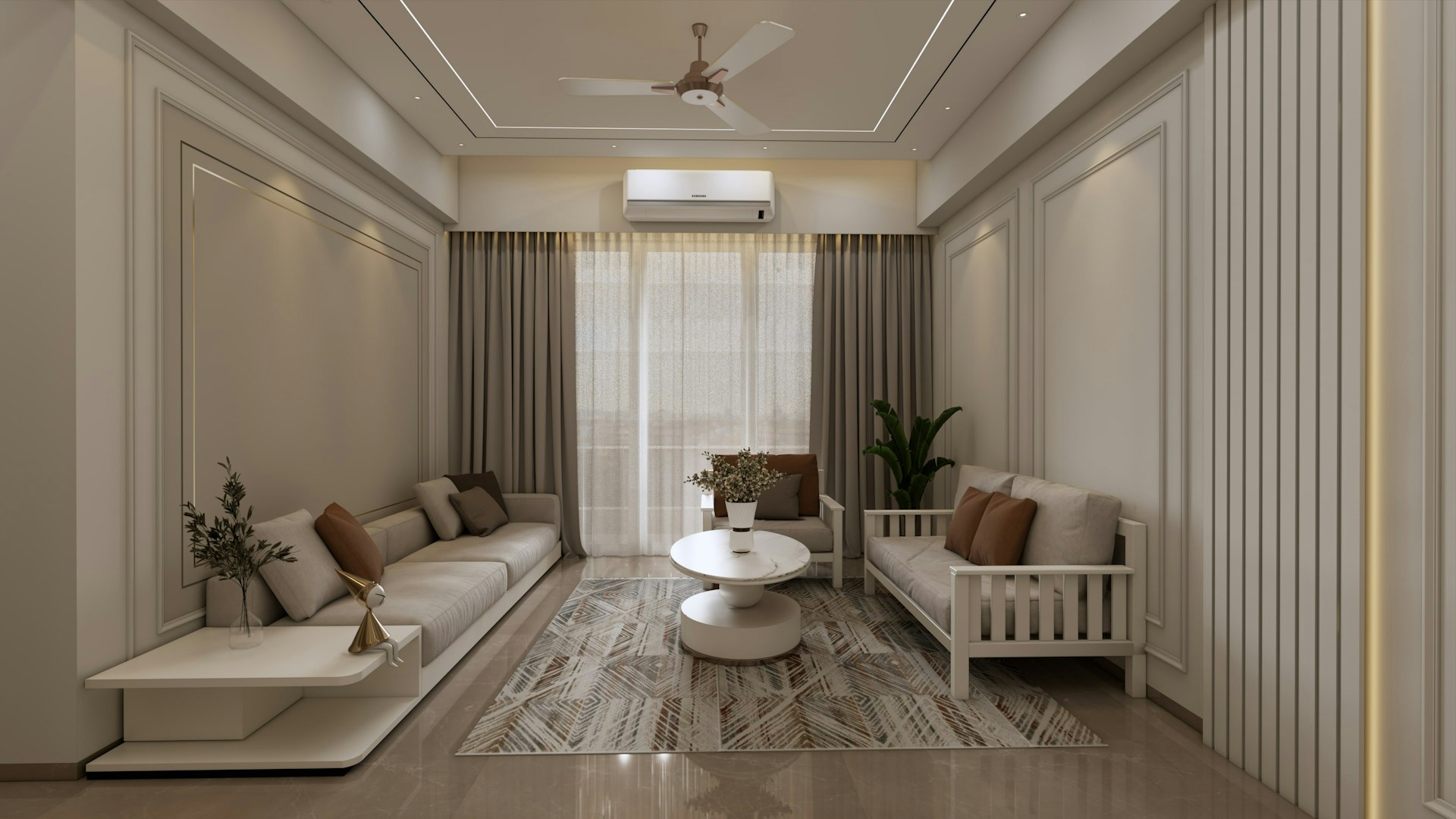 Modern living room with neutral colors and elegant design.