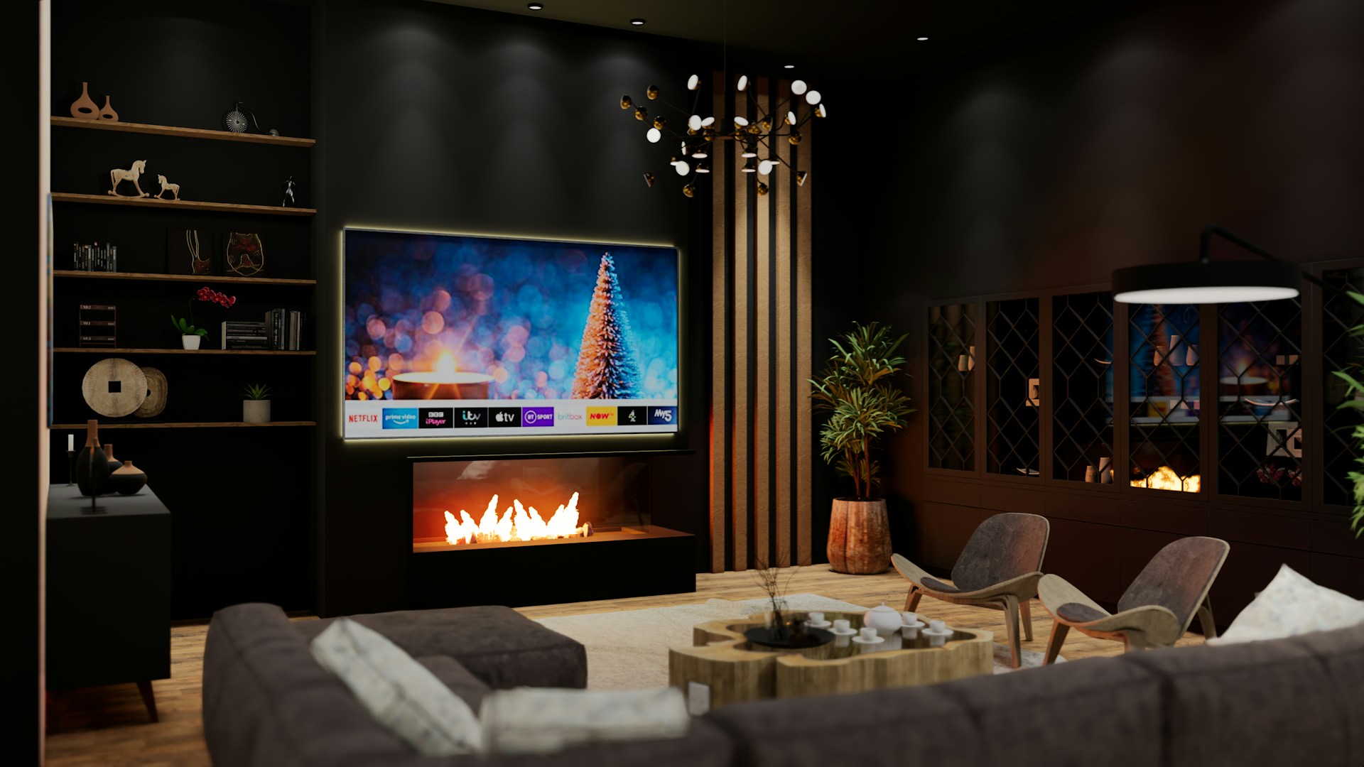 a living room filled with furniture and a fire place